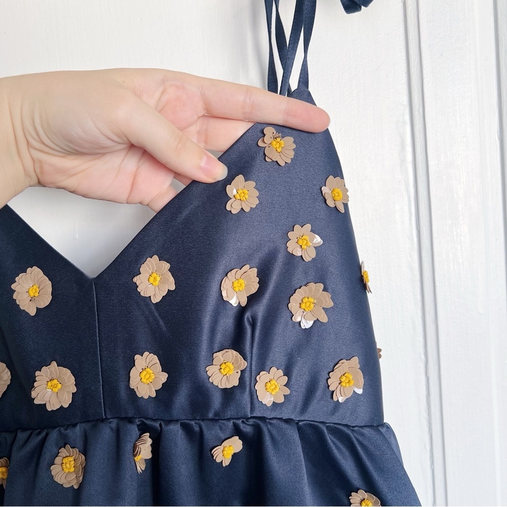 Dhruv Kapoor • Anthropologie Calysta Dress navy blue satin midi sequin floral - Picture 6 of 13
